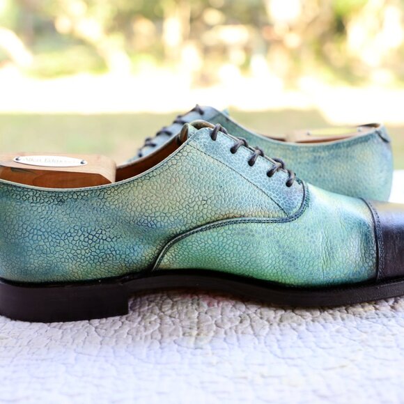 Crockett & Jones Barneys 9.5-D Pebbled Blue Multicolor Captoe Oxford - Picture 8 of 16